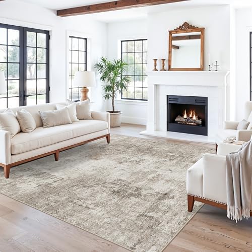 ZHXXUJ 7x7 Square Washable Area Rug, Non-Slip Indoor Rug for Living Room Bedroom Dining Room, Low Pile Stain Resistant Modern Abstract Neutral (Beige/Grey) by ZHXXUJ