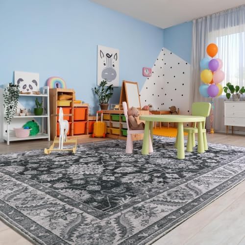 Hanples 5x7 Area Rugs for Living Room, Washable Rug Vintage Floral, Gray - Image 2