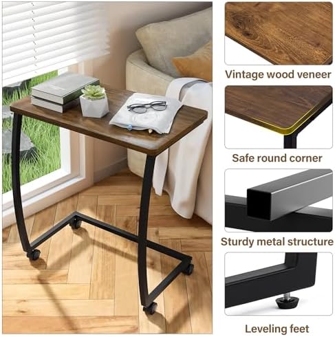 SRIWATANA Dark Walnut C Shaped Side Table with Wheels, Wood End Sofa Table - Image 6