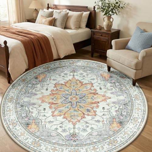 RELEANY Washable Area Rug, Round 6ft, Beige/Carbon Grey/Orange - Image 3
