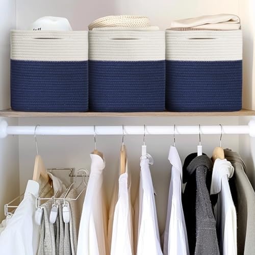 11x11 Cube Storage Bin - 3 Pack Woven Storage Cubes Organizer, 11 Inch Cotton Rope Baskets for Organizing, Decorative Square Shelf Baskets Closet Bins, Toy Boxes for Boy, Dark Blue Decor - Image 4