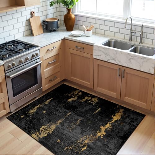RELEANY Washable 3'x5' Abstract Area Rug for Living Room Black Gold - Image 2