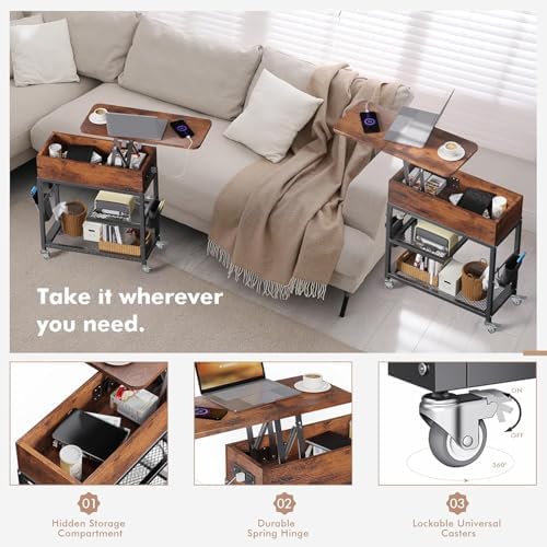 Colima Lift Top End Table with Charging Station and Wheels (Rustic Wood) - Image 4