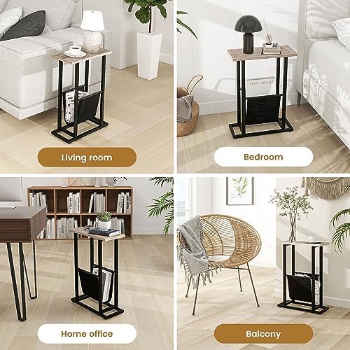 FLYJOE Narrow Side Table with PU Leather Magazine Holder Rustic Slim Little Thin Table for Living Room, Bedroom, Sofa, Grey - Image 7