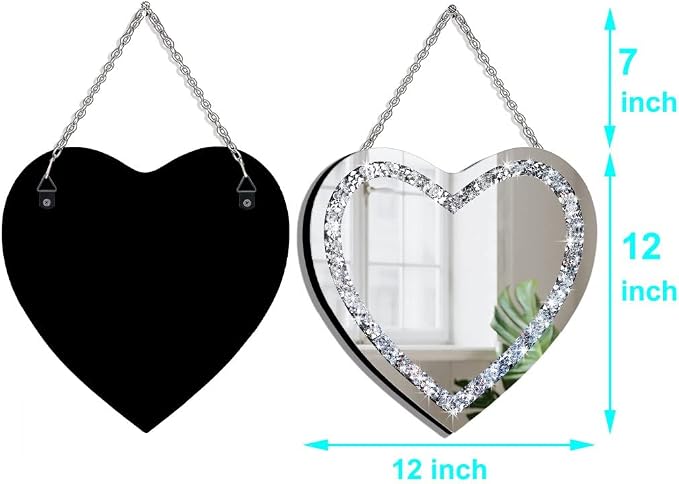 DMDFIRST Heart Shaped Silver Glass Mirror 2 Pack 12x12inch Crystal Crush Diamond Decor Chain Mirror for Wall Decoration - Image 7