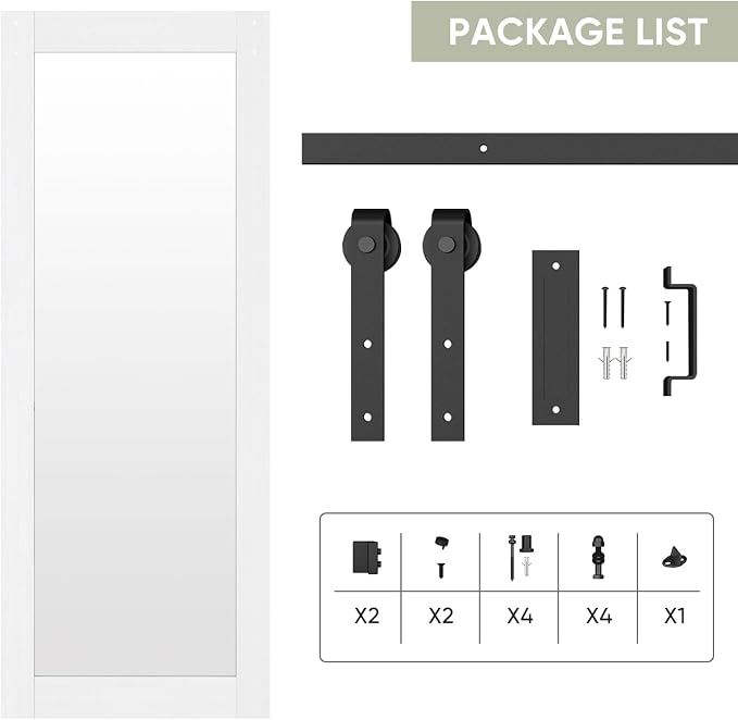 JUBEST 32x84 in Mirror Barn Door and 5.5FT Sliding Door Hardware Kit Included, White Full Length Mirror, Solid Wood Panel Covered with Water-Proof PVC Surface, No Assembly Required - Image 8