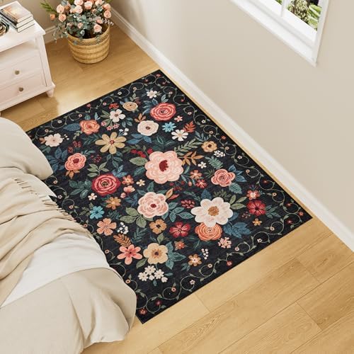DUKINO 3x4 Area Rug, Floral Washable Rug for Kitchen Non Slip, Black - Image 3