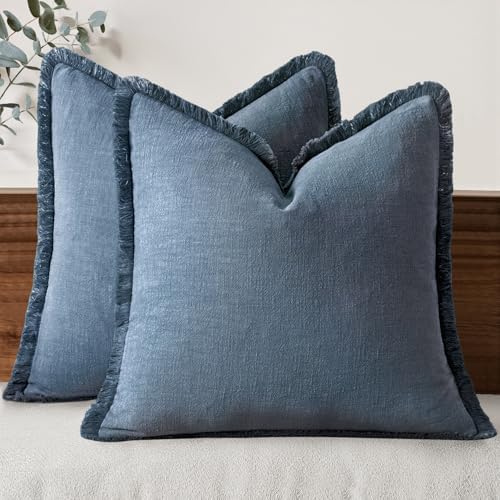 MIULEE Linen Fringe Decorative Euro Throw Pillow Covers Blue Ashes 24x24 by MIULEE