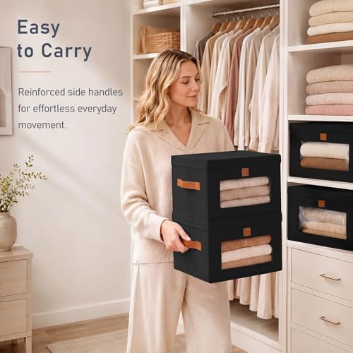 DIMJ Storage Bins with Lids - 5 Pack Front Opening Stackable Fabric Storage Boxes with Clear Window & Handles, Collapsible Closet Organizers for Clothes, Sweaters, Shelf Storage, Bedroom, Black - Image 5
