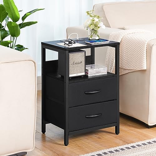 Yoobure Nightstand with Charging Station, Small Night Stand with Fabric Drawers and Storage Shelf for Bedrooms, Nightstands for Small Spaces, Bedside Table with USB Ports & Outlets Bed Side Table - Image 2