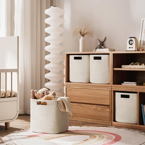 UBBCARE Set of 3 Cotton Rope Basket 13 X 13 X 13 Inches, Woven Storage Baskets for Shelves, Organizing with Handles, Cube Storage Bins for Storage Books, Magazines, Beige - Image 4
