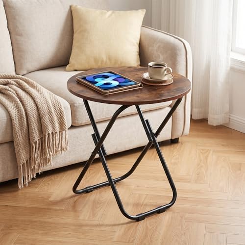 VECELO Patio Outdoor Side Table Set of 2,17.7 inch Small Folding Table Round Waterproof Wood Table,Foldable Anti-Rust Metal Legs Snack Desk for Garden Balcony,Yard,Living Room - Image 5