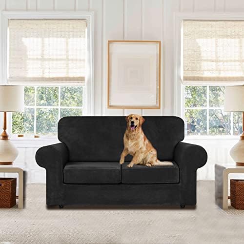 WEERRW Velvet Stretch 3 Pieces Couch Cover for Sofa Washable, Black - Image 2