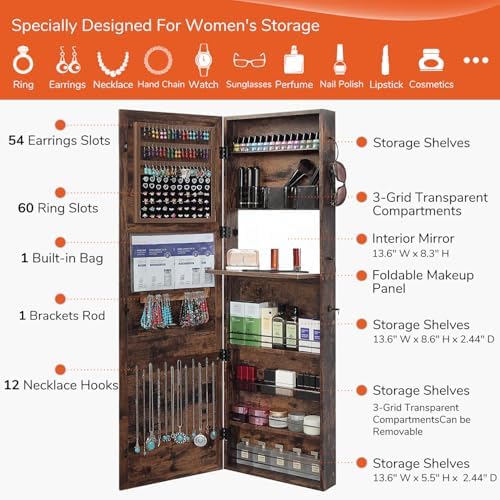 GISSAR Jewelry Mirror Armoire Wall Mount Over The Door Mirror Jewelry Cabinet Storage Mirror Organizer Lockable Full Length Door Mirror,Vintage Brown, GMJ2003V - Image 4