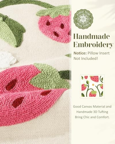Embroidered Throw Pillow Cover 18x18 Inch, Branch Strawberry - Image 2