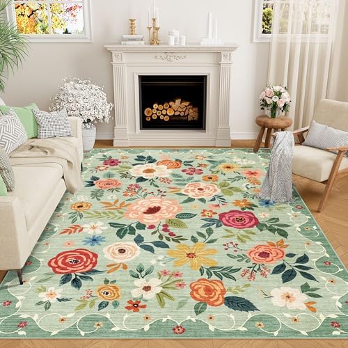 DUKINO 5x7 Area Rug, Floral Rugs for Living Room, Lightweight Non Slip Washable Rug, Indoor Low Pile & Non-Shedding Boho Design Rugs for Bedroom, Living Room, Dining Room, Green by DUKINO