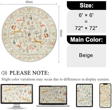 DUKINO 6ft Round Rug for Bedroom, Washable Soft Non Slip Circle Rug, Beige - Image 2