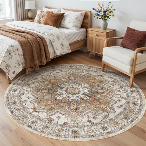 Madane Washable 5ft Circle Round Rug, 5x5 Circular Area Rugs, Turmeric/Grey - Image 3