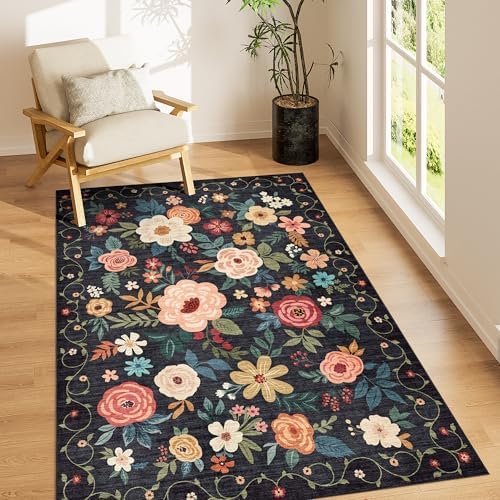 DUKINO 3x5 Area Rug, Floral Washable Rug for Bedroom Non Slip, Black by DUKINO