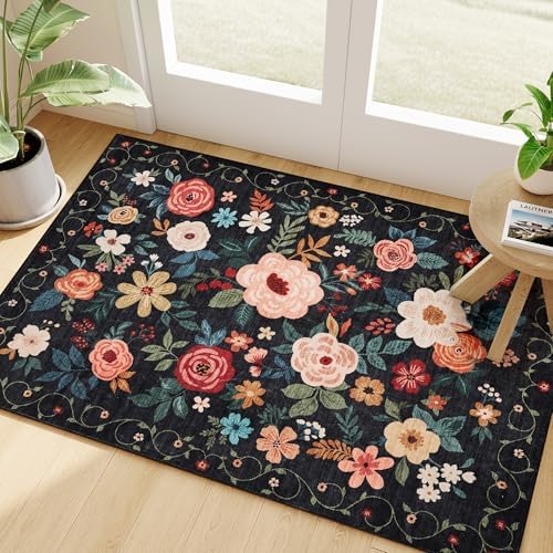 DUKINO 2x3 Door Mat Indoor Entrance, Floral Washable Rug Non Slip, Black by DUKINO