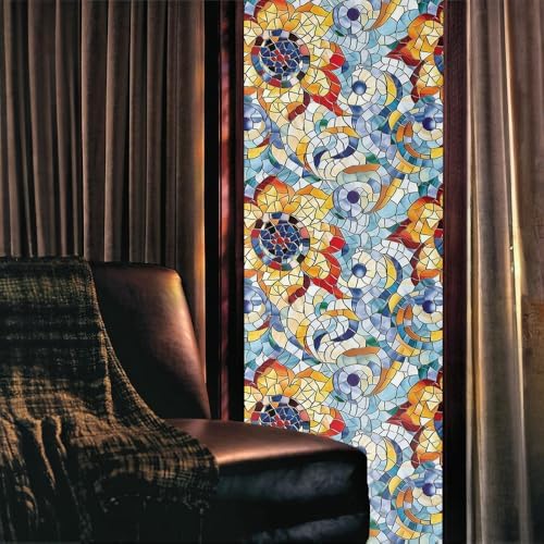 Light Blue Red Orange Floral Stained Glass Window Films Decorative Double-Side Privacy Film Self-Adhesive Static Clings for Living Room Bathroom Glass Windows Decor - Image 2
