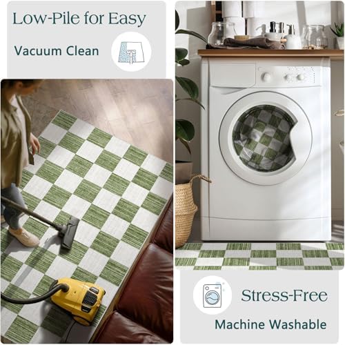 Green White Checkered Entry Rug - 3x5 Non-Slip Indoor Outdoor Rugs - Image 5