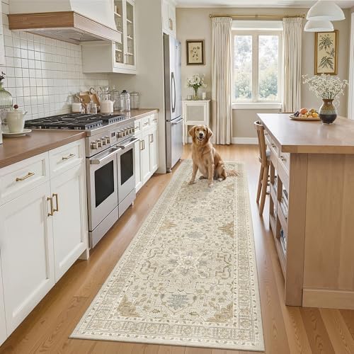 Madane Kitchen Runner Rug 2x7 with Rubber Backing Non Slip, Beige/Blue - Image 2