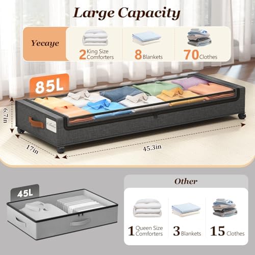 Yecaye 85 L Under Bed Storage with Wheels, 2 Pack Extra Large Under Bed Storage Containers with Metal Frame & Clear Lid, Rolling Underbed Organizer Bins Drawers for Clothes, Shoes, Blankets, Hemp Grey - Image 2