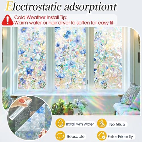 Coavas Stained Glass Window Privacy Film, 3D Rainbow Floral, 17.5" x 78.7" - Image 5