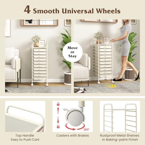 10-Drawer Rolling Storage Cart, Trolley w/Lockable 360° Wheels, 10 Removable PP Drawers, Sturdy Metal Frame, Rolling Utility Cart Perfect for Home, Office, Classroom (Ivory) - Image 5