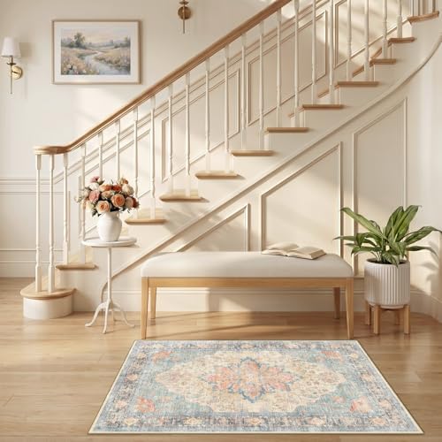 RELEANY Washable Area Rug, Small 2'6"x4', Blue/Orange/Red - Image 2