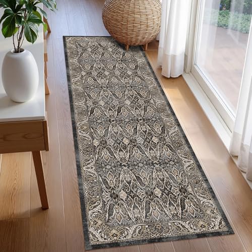 Washable Area Rug 2'6'' x 8' Vintage Traditional Persian Mat - Foldable Distressed Non-Slip Machine Washable Carpet for Living Room Bedroom Kitchen Home Decor - Ebony and Taupe - Image 3