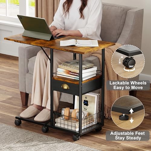 Rolling Coffee Table with Oversized Double-Wide Wood Top, Mobile Tv Tray with Storage Drawer and Wheels for Sofa, Portable Side Table for Living Room, Home Office, Spacious Desk for Working Studying - Image 4