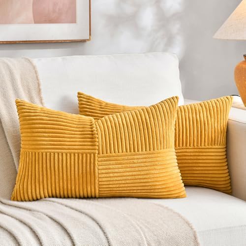 Fancy Homi 2 Packs Gold Yellow Lumbar Decorative Throw Pillow Covers 12x20 Inch for Couch Bed Sofa, Rustic Farmhouse Boho Spring Home Decor, Soft Striped Corduroy Rectangle Accent Cushion Case 30x50cm by Fancy+Homi