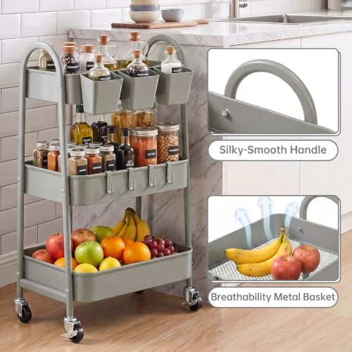 danpinera 3-Tier Rolling Cart, Metal Rolling Storage Cart with Lockable Wheels & Hanging Cups & Hooks, Mobile Trolley Cart for Kitchen, Bathroom, Office, Workshop, Gray - Image 4