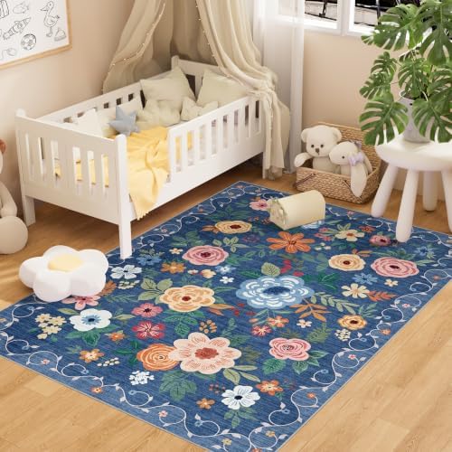 DUKINO 3x5 Area Rug, Floral Washable Rug for Bedroom Non Slip, Blue by DUKINO