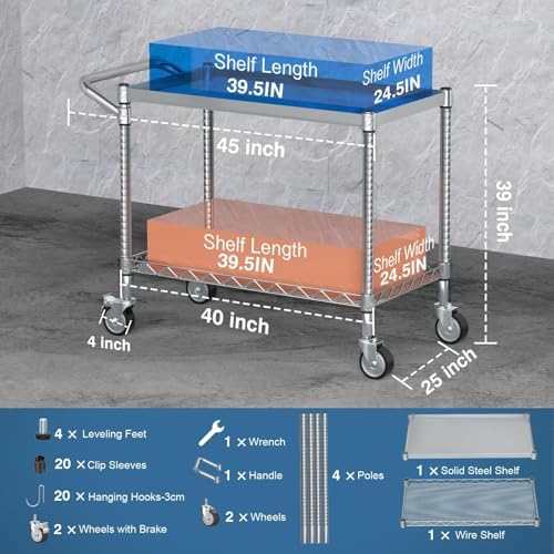 Utility Tool Cart with Wheel, 45In Large Rolling Utility Carts with Handle - Image 3