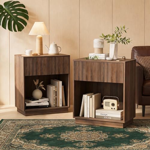 Fluted Nightstands Set of 2, Modern Bedside Table with Storage Drawer and Open Wood Shelf, Wood End Table Mid Century Night Stands for Bedroom Living Room Sofa Couch Office Walnut Brown by INNODToddlerTower