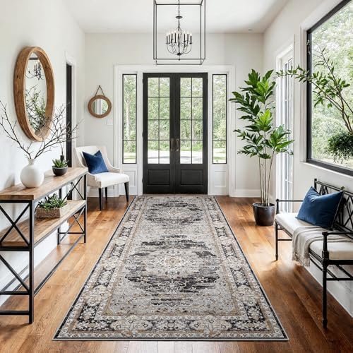 4x8 Washable Hallway Runner Rug - Non-Slip Vintage Kitchen Rugs Black Gray - Image 2