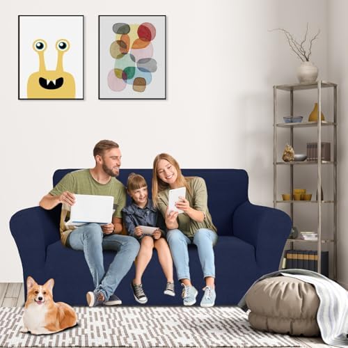 MAXIJIN Loveseat Cover Sofa Covers (55"-69"), 1-Piece Stretch Couch Covers for 2 Cushion Couch Love Seat Slipcover with Elastic Bottom for Kids,Dog (Loveseat, Diamond Pattern Navy Blue) - Image 2