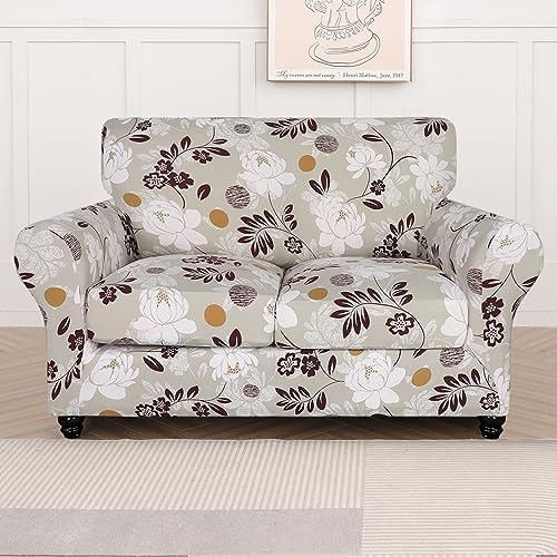 SearchI Stretch Sofa Cover Printed Couch Cover, Floral Pattern 3 Pieces Loveseat Slipcover with 2 Separate Cushion Cover, Washable Furniture Protector for Living Room(Loveseat, Brown Flowers) - Image 5