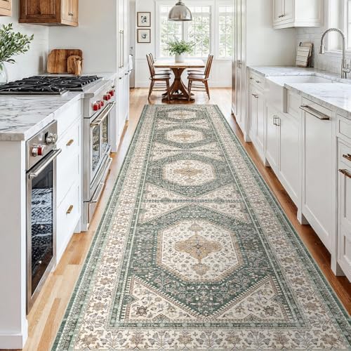 4x12 Washable Hallway Runner Rug - Non-Slip Wide Vintage Rugs Green Beige - Image 2