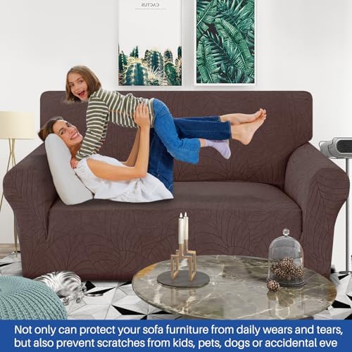 YEMYHOM Couch Cover Latest Jacquard Design High Stretch Sofa Covers for 2 Cushion Couch, Pet Dog Cat Proof Loveseat Slipcover Non Slip Elastic Furniture Protector (Medium, Begonia Leaf Coffee) - Image 2
