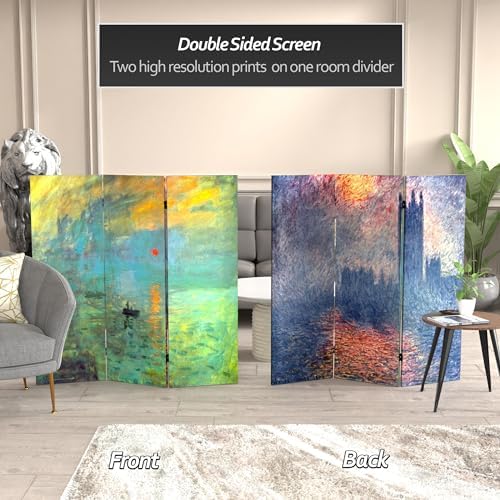 Red Lantern Double Sided Works of Monet Canvas Folding Screen - Impression Sunrise/Houses of Parliament, 4 ft Short - 3 Panel - Image 2