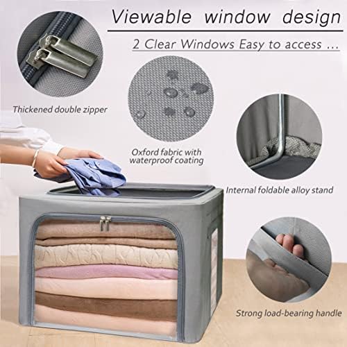 Stackable Clothes Storage Box for Clothing Gadgets,Steel Frame Storage Bins for Toys Gift,Foldable Oxford Fabric Closet Organizer Bag Set w/ Carry Handles Clear Window (Medium- 40L x3 Pack, Grey) - Image 3