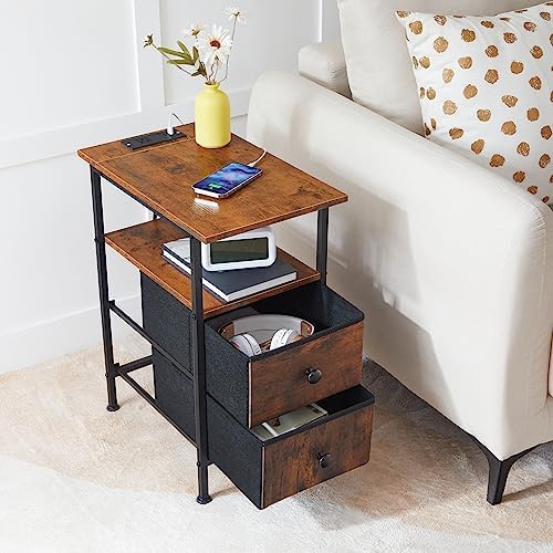 HOOBRO End Table with Charging Station, Set of 2 Narrow Side Tables, Nightstand with 2 Non-Woven Drawers, Slim Sofa Table, for Small Spaces, Living Room, Bedroom, Rustic Brown and Black BF486UBZP201 - Image 4