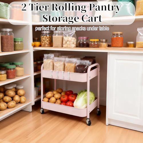 2 Tier Pink Rolling Cart with Wheels for Under Desk Storage, Large Capacity Rolling Pantry & Kitchen Storage Cart for Small Space, Sturdy Metal Bathroom Shelf Laundry Room Organization - Image 2