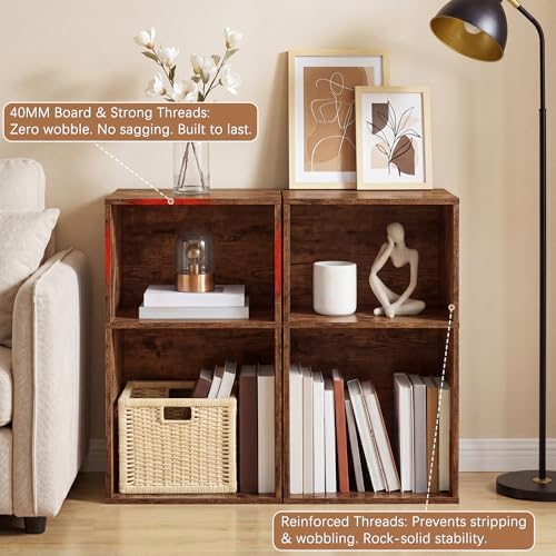 YAHARBO 2 Cube Bookshelf, Brown Record Player Stand with Vinyl Storage Up to 100 Albums, Horizontal Book Shelf, Small Cubby Bookcase with Storage Organizer, Turntable Stand for Living Room, Bedroom - Image 5