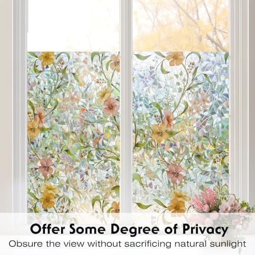 Volcanics Stained Glass Window Film with Installation Tools, Rainbow Window Privacy Film, Decorative Window Clings for Glass Windows, Static Cling Sun Blocking Floral Decals, 35.4 x 78.7 Inch - Image 3