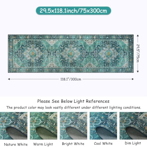 Moynesa Ultra-Thin Washable Runner Rug - 2'6" x 10' Teal Runners for Hallways Stair Carpet Runner, Oriental Non Skid Non Shedding Low Pile Kitchen Mat for Bedroom Mudroom Hardwood Floor - Image 2